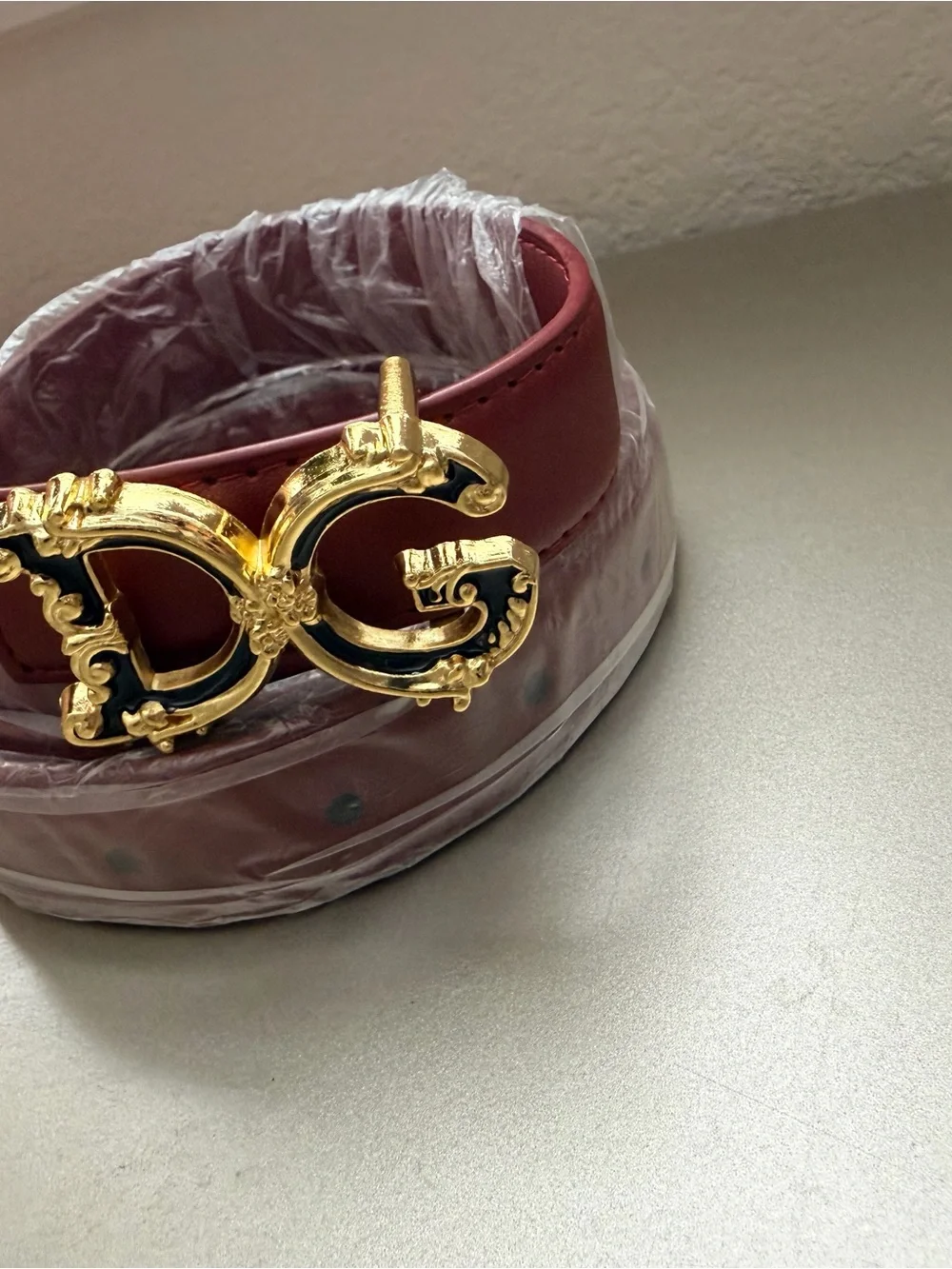 New women’s deep red Leather Belt with Gold DG Buckle - size XL(110cm